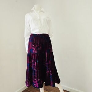 Soft Surroundings Velour Tiered Midi Skirt Purple Floral Size MP M Petite NWT
